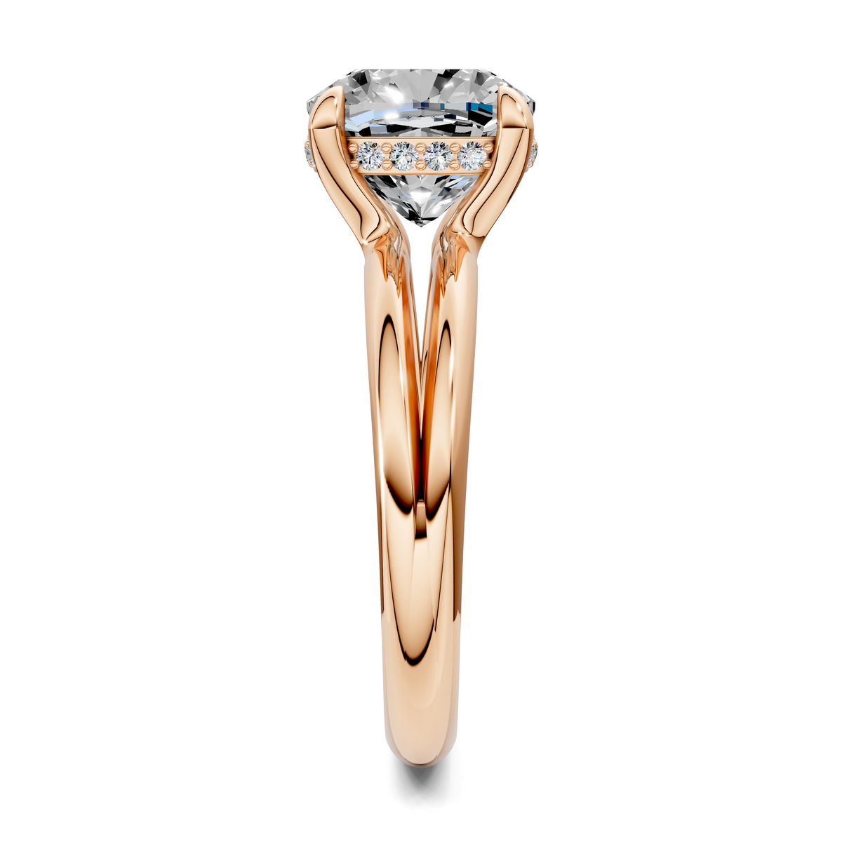 Rose gold floating split band ring with central oval gemstone and small side stones