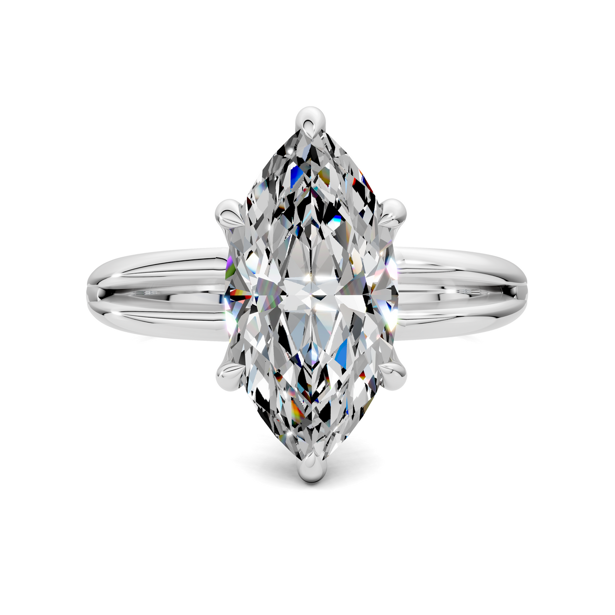 Marquise diamond solitaire ring with split band, white gold prongs and setting