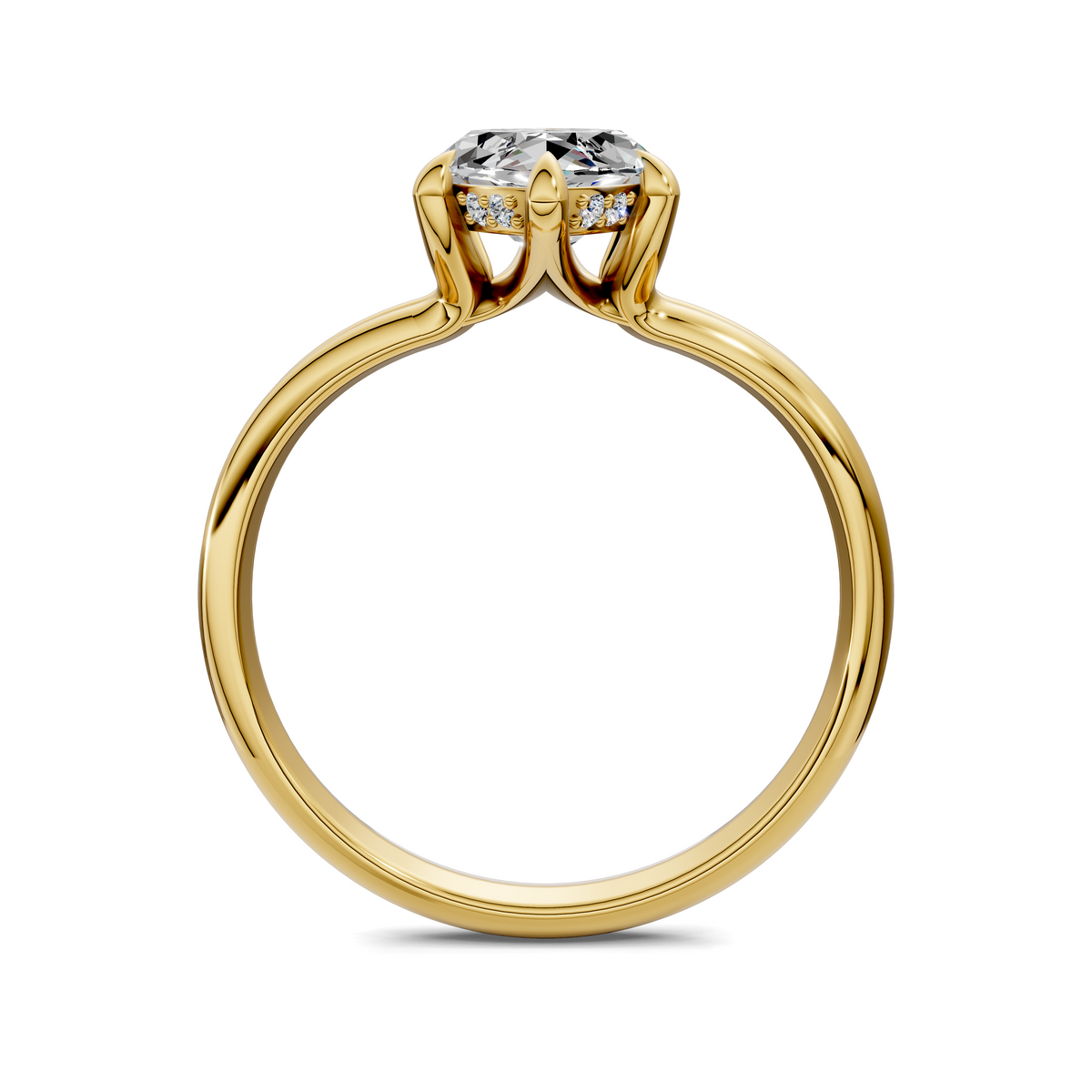 Marquise diamond solitaire ring, yellow gold band with open side profile