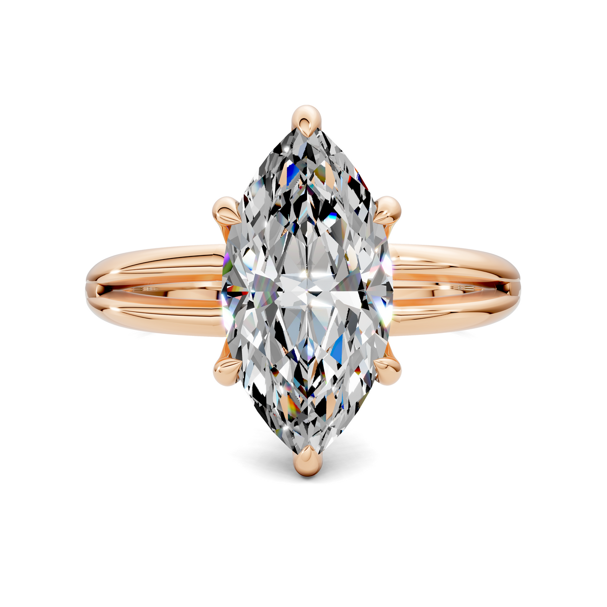 Marquise diamond solitaire ring with split band, rose gold prongs and setting