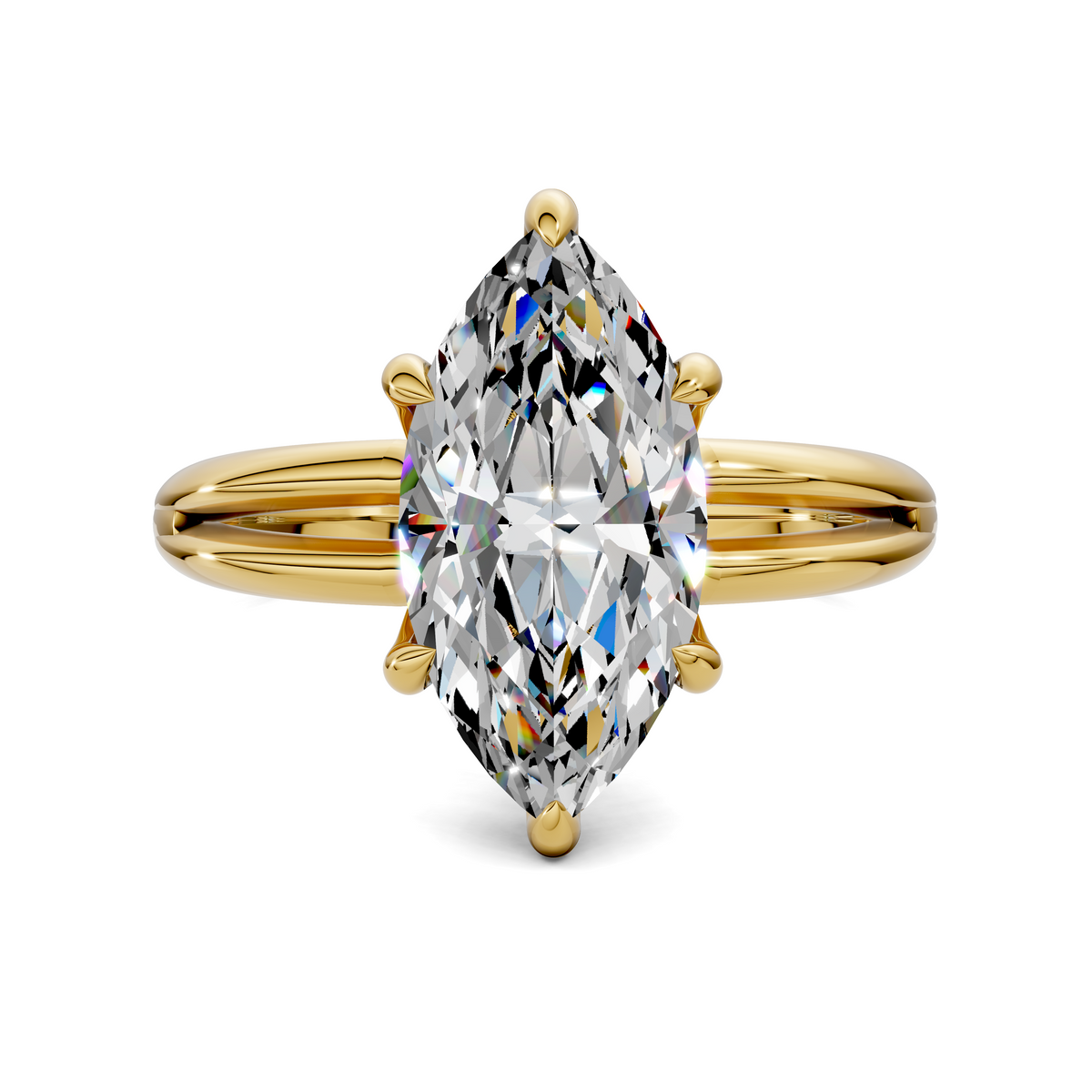 Marquise diamond solitaire ring with split band, yellow gold prongs and setting