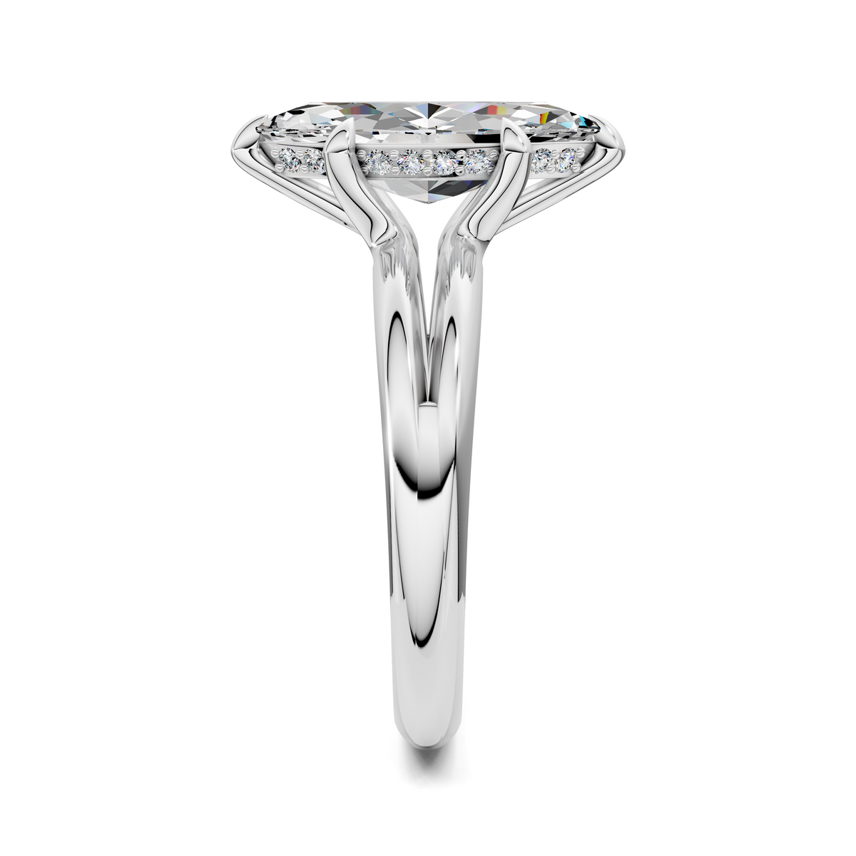 Marquise diamond solitaire ring top view, white gold setting with small side stones