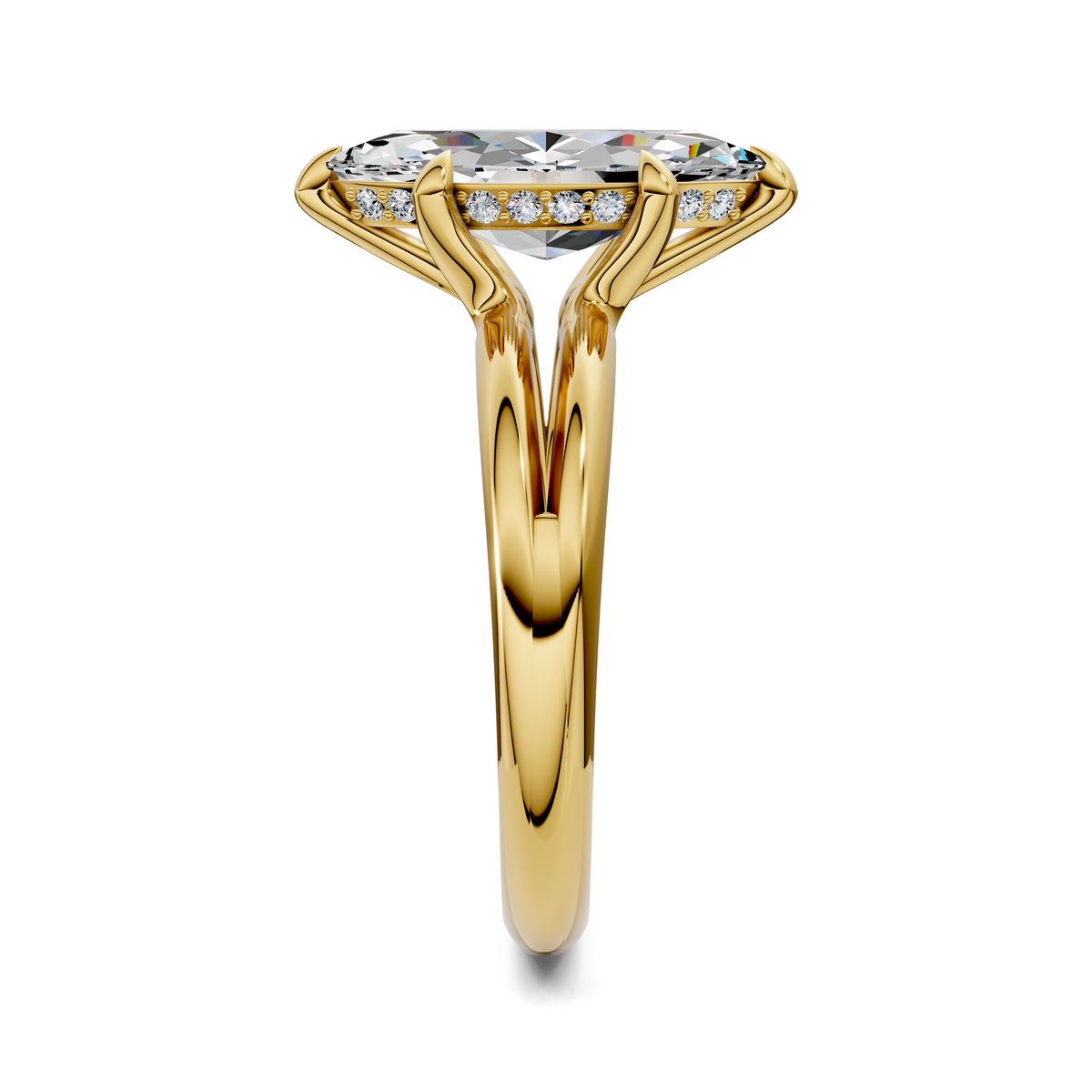 Marquise diamond solitaire ring top view, yellow gold setting with small side stones