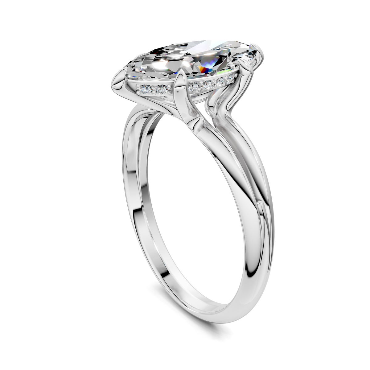 Marquise diamond split band ring, white gold with curved gallery and side view