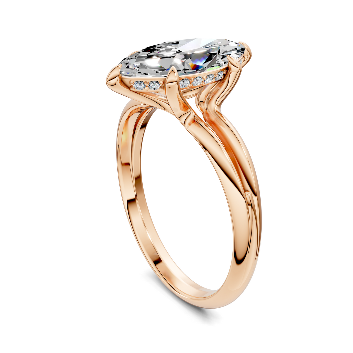 Marquise diamond split band ring, rose gold with curved gallery and side view