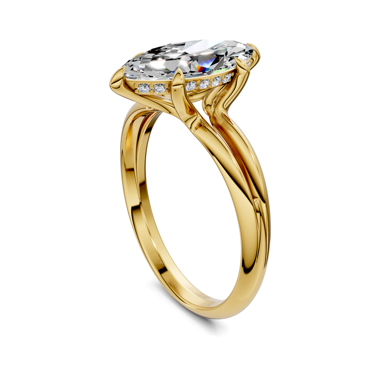 Marquise diamond split band ring, yellow gold with curved gallery and side view