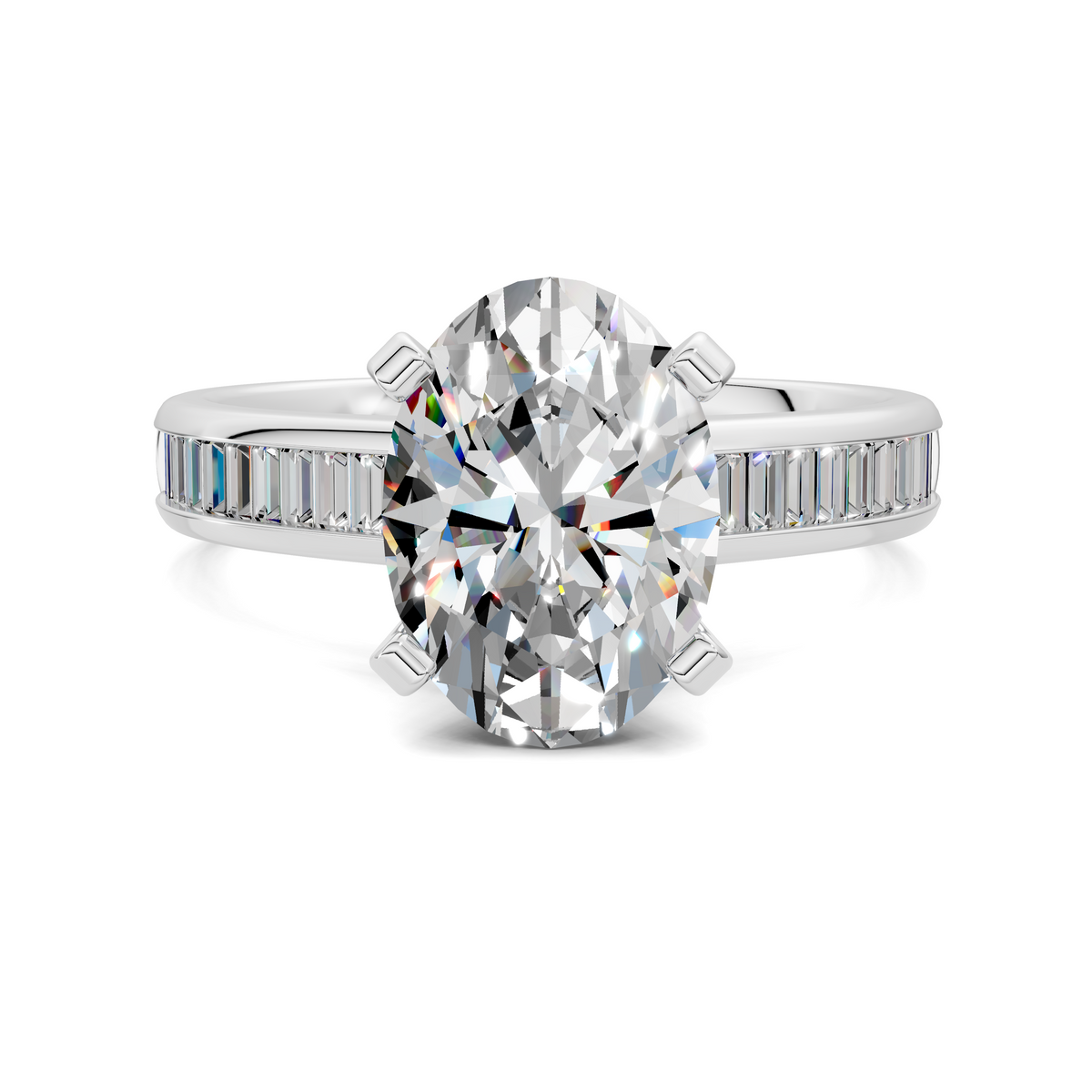 White gold diamond ring with round center stone and baguette channel side accents