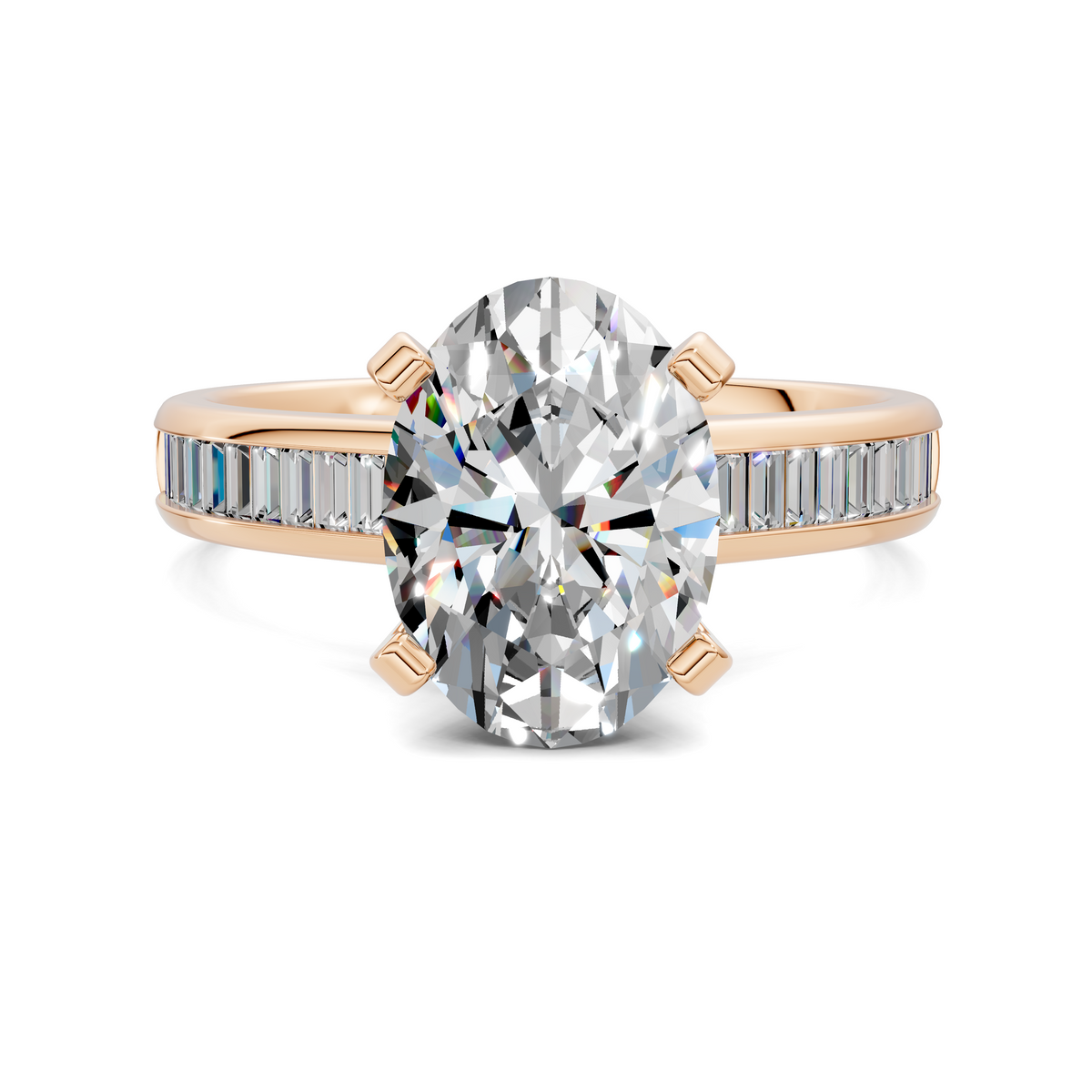 Rose gold diamond ring with round center stone and baguette channel side accents