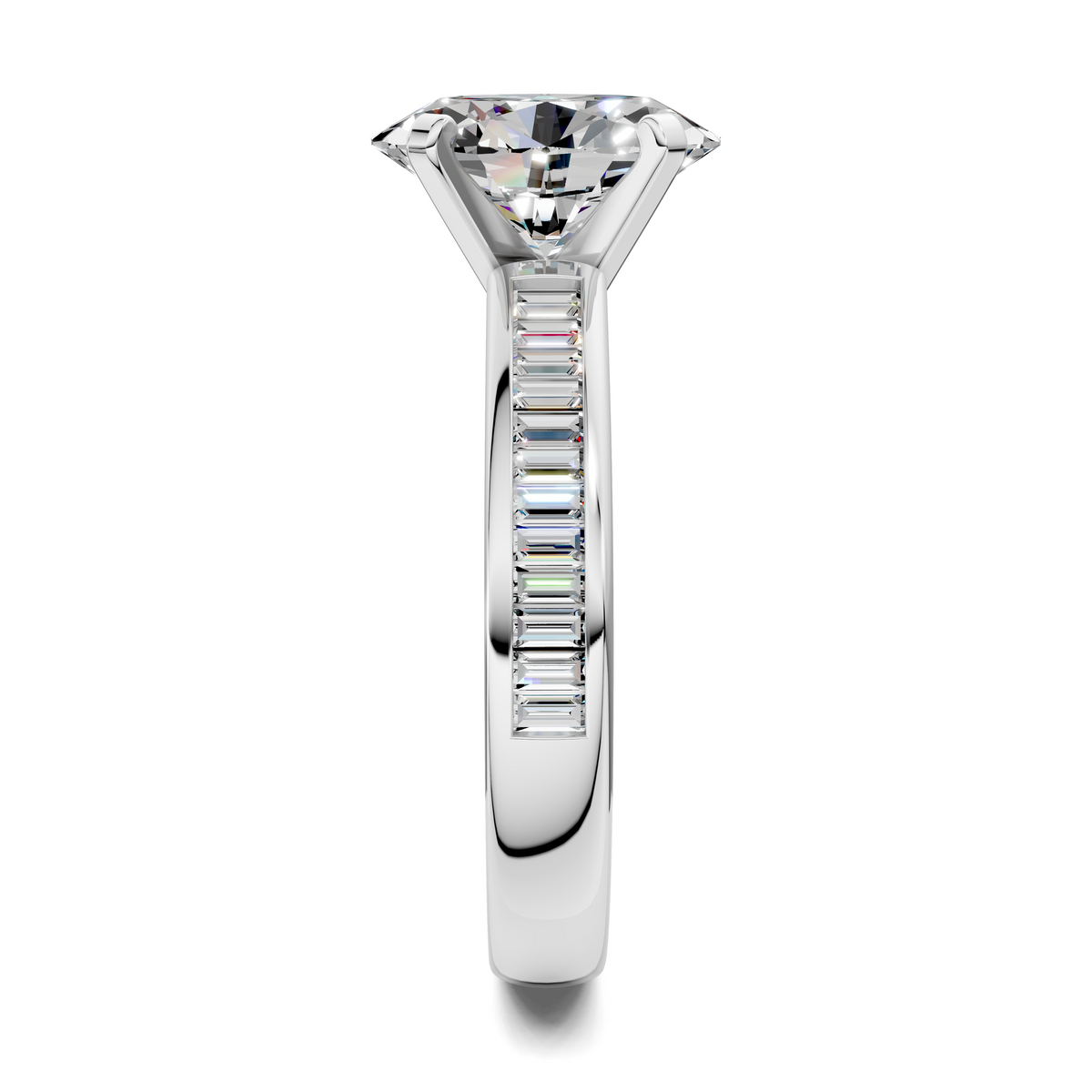 White gold baguette channel ring, side view