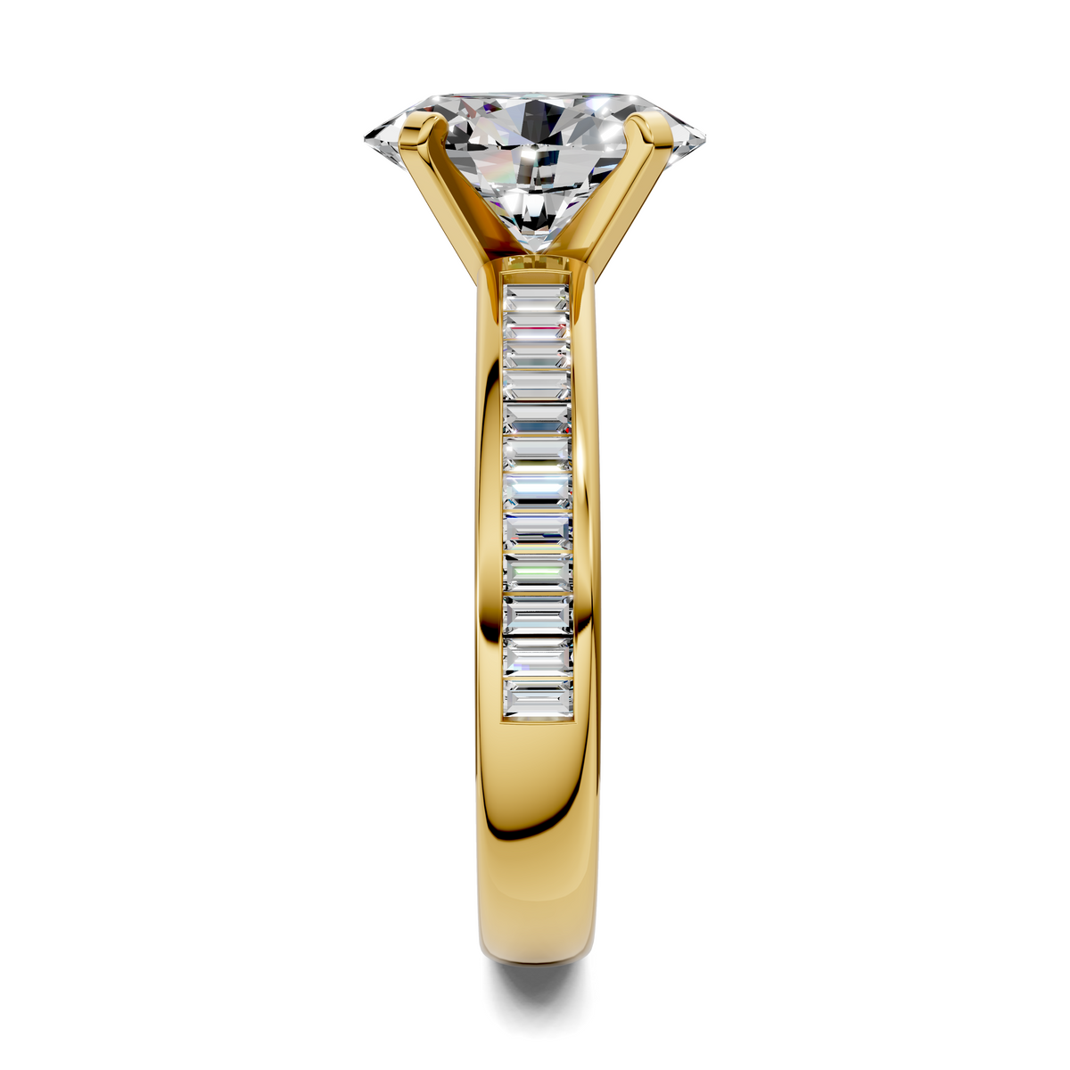Yellow gold channel ring with triangular top and baguette stones