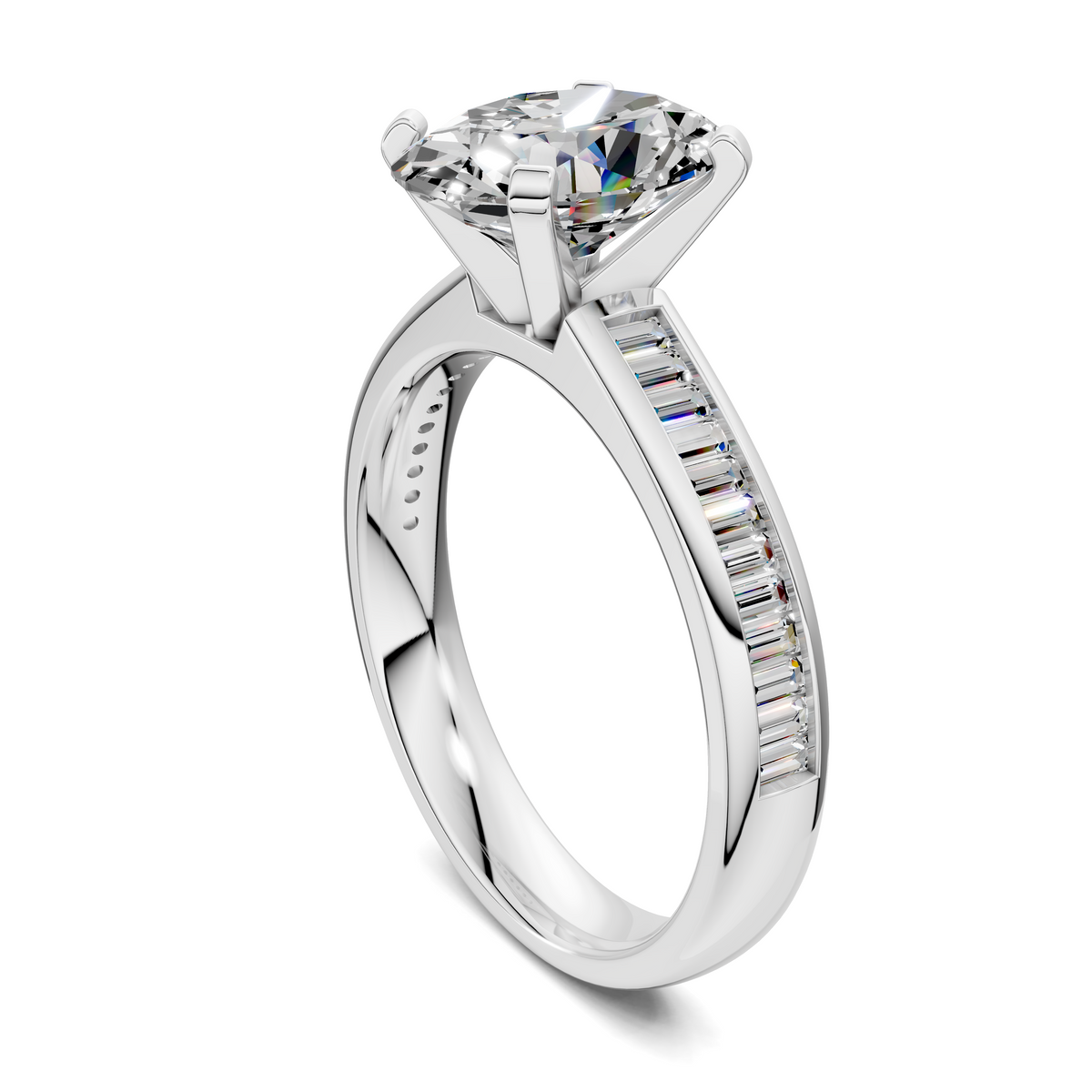 White gold diamond ring with round center stone and baguette channel band detail