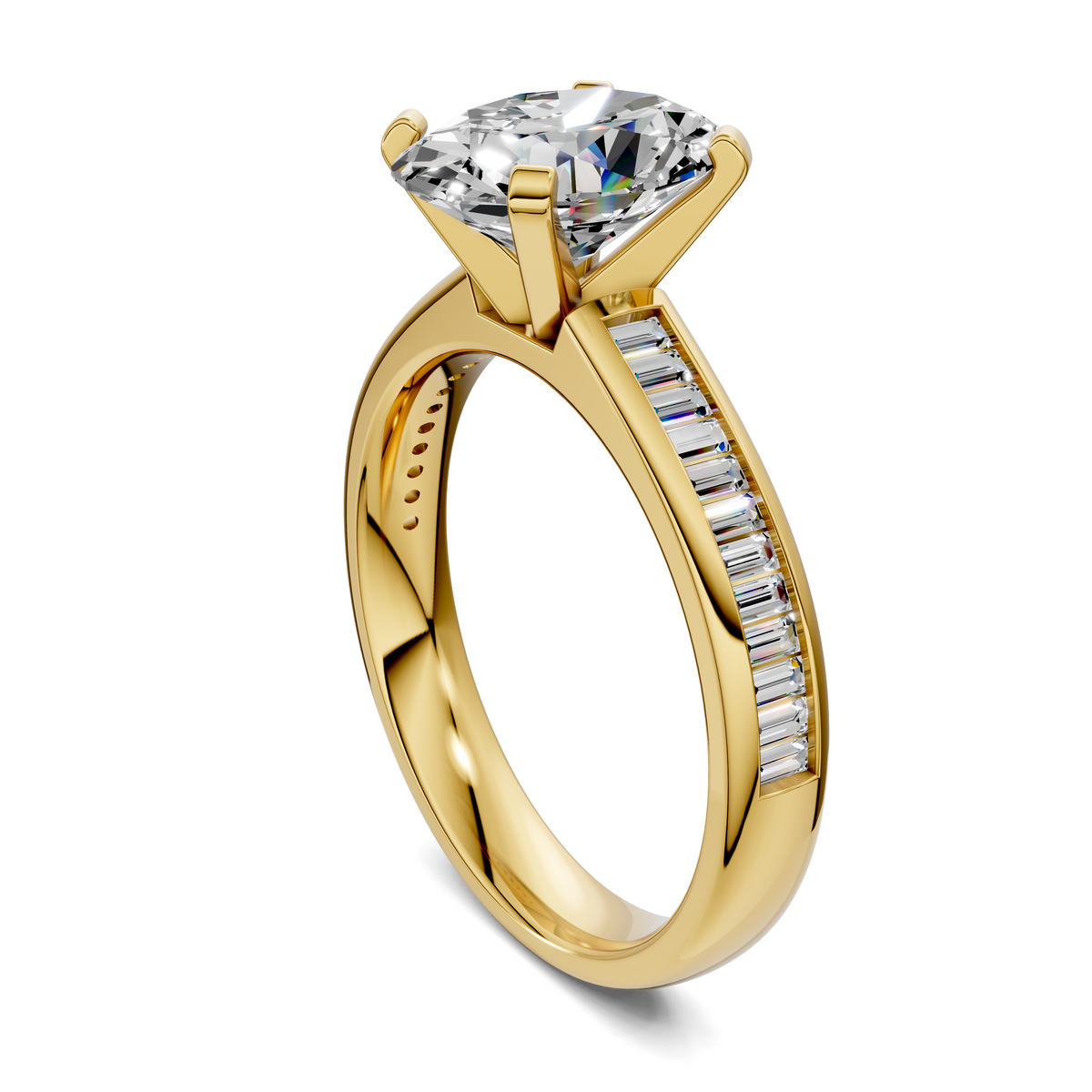 Yellow gold diamond ring with round center stone and baguette channel band detail