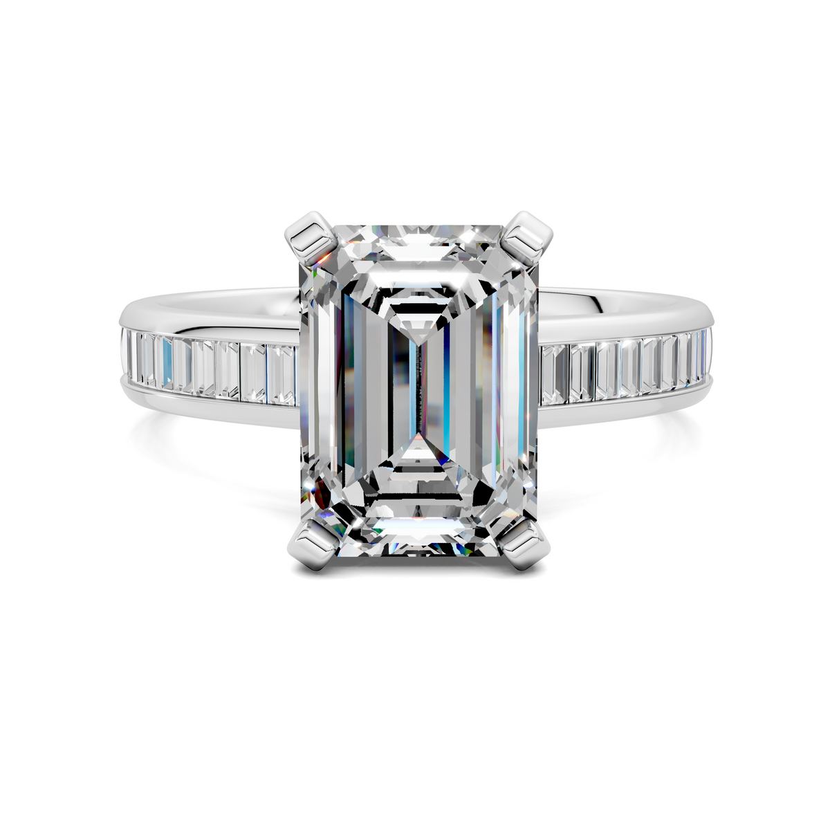 White metal ring with emerald-cut center gemstone and baguette channel side stones.