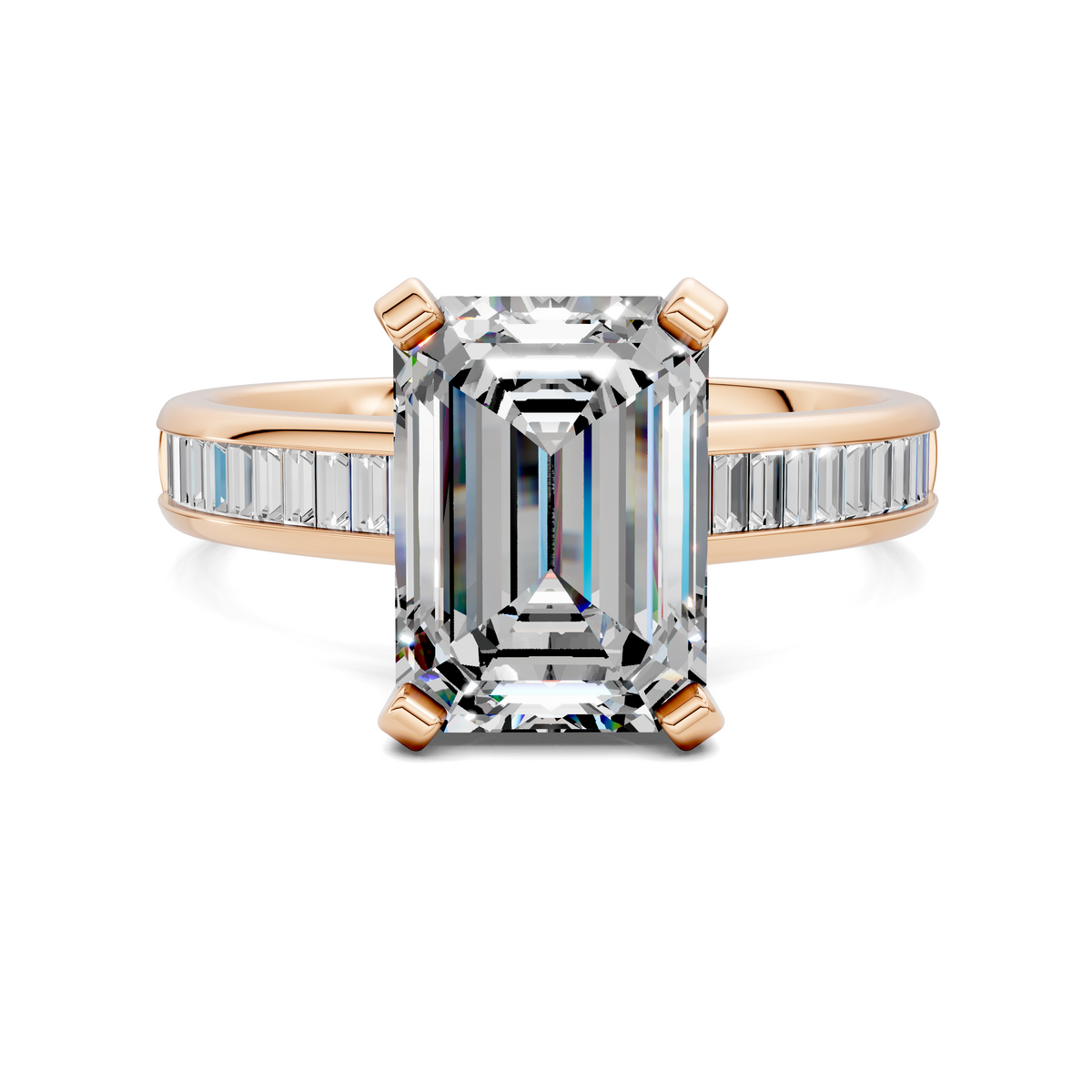 Rose gold ring with emerald-cut center gemstone and baguette channel side stones.