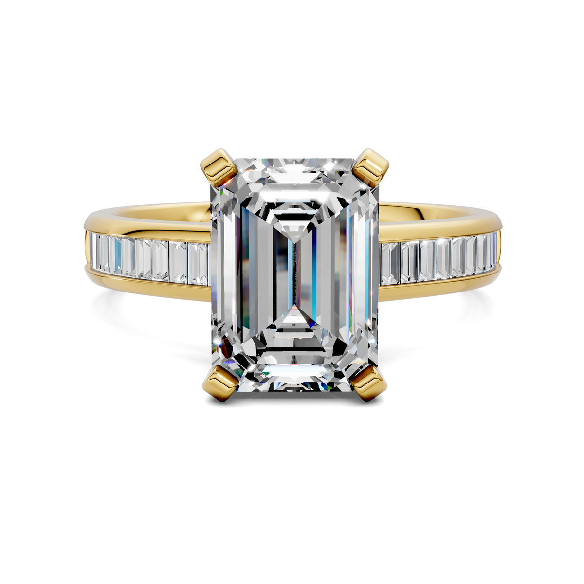 Yellow gold ring with emerald-cut center gemstone and baguette channel side stones.