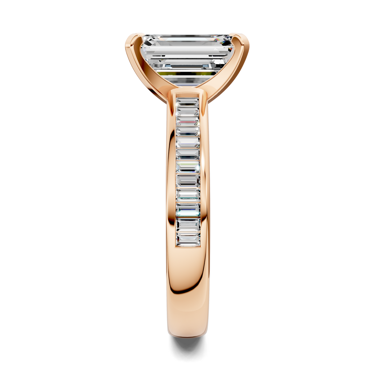Rose gold baguette channel ring with stacked baguette stones and raised bezel