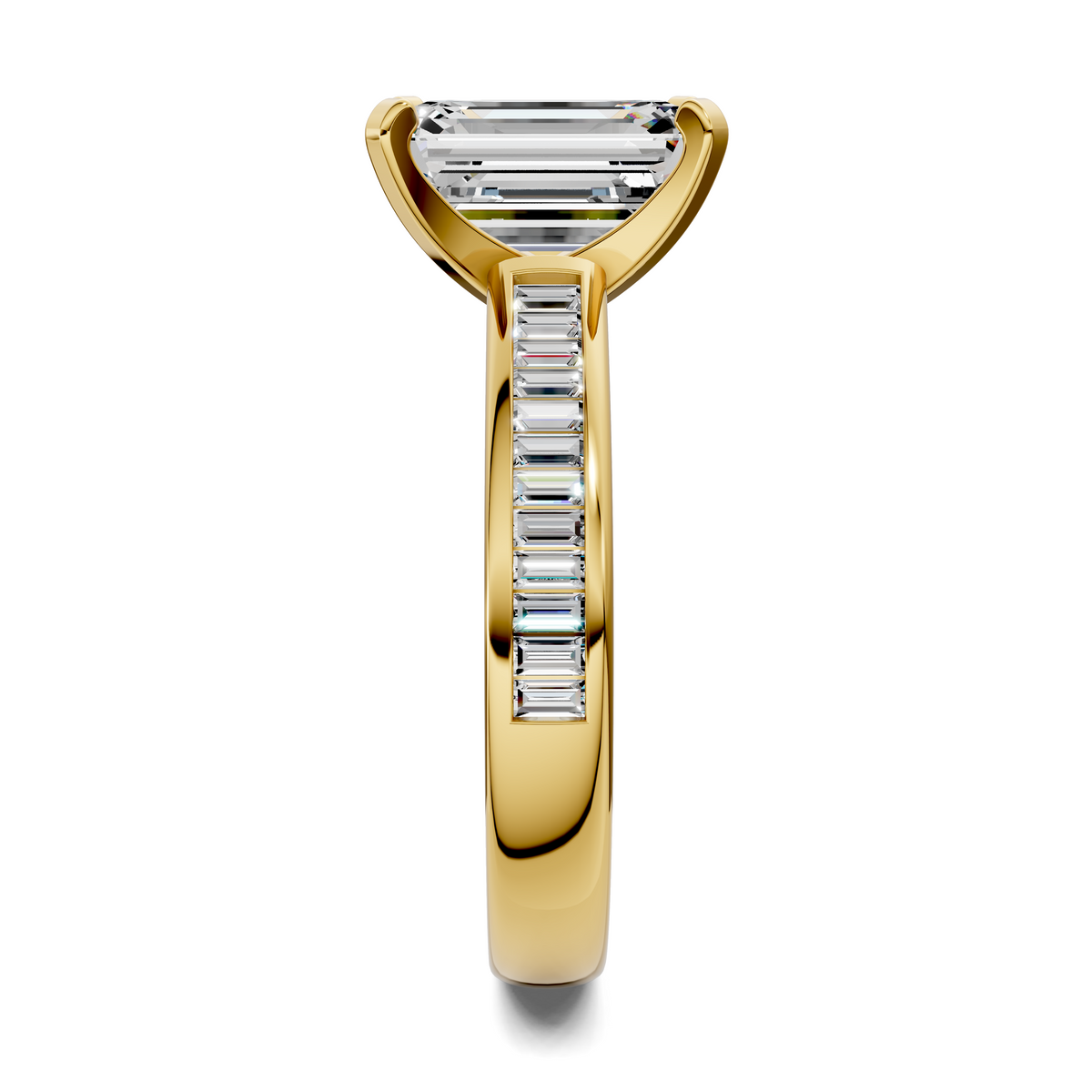 Yellow gold ring with baguette channel band and emerald-cut center stone in prongs.