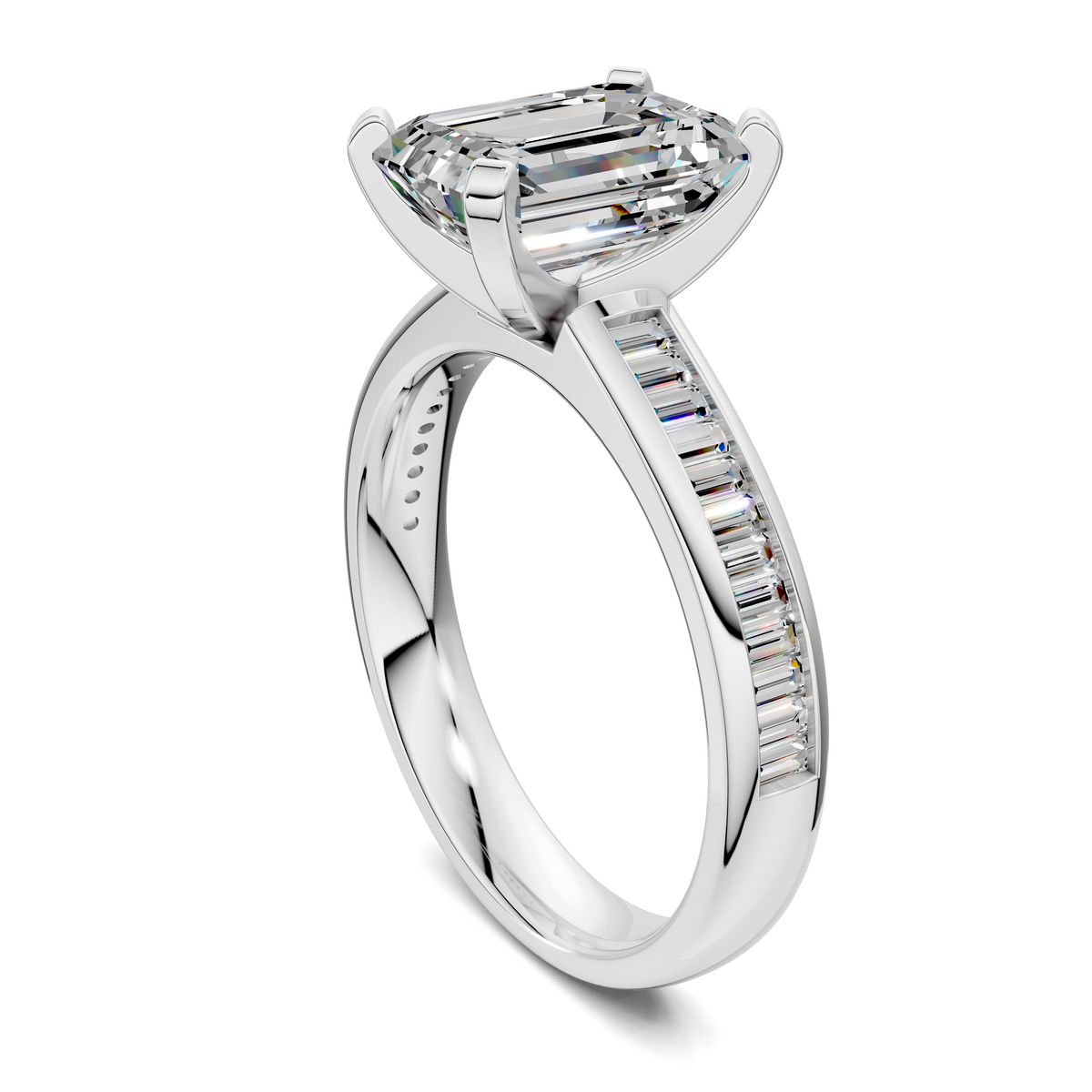 White metal ring with baguette channel stones along the shank and an emerald-cut center.
