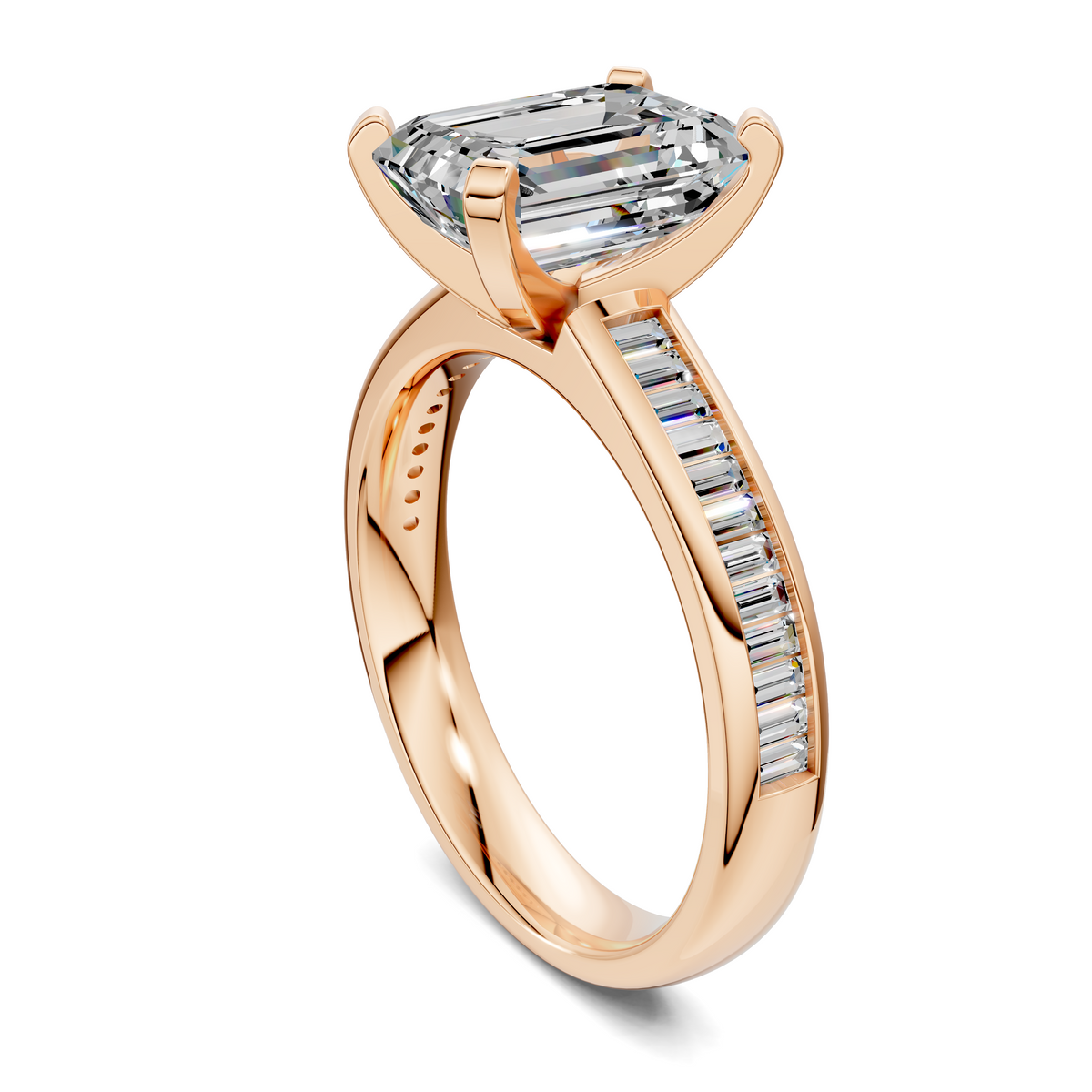 Rose gold ring with baguette channel stones along the shank and an emerald-cut center.