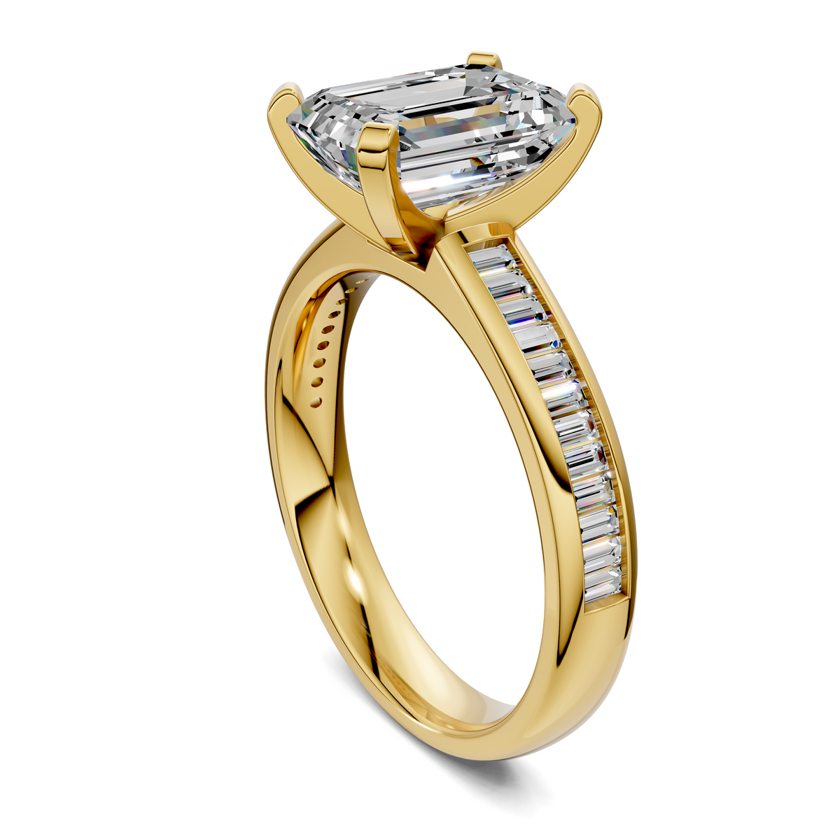 Yellow gold ring with baguette channel stones along the shank and an emerald-cut center.