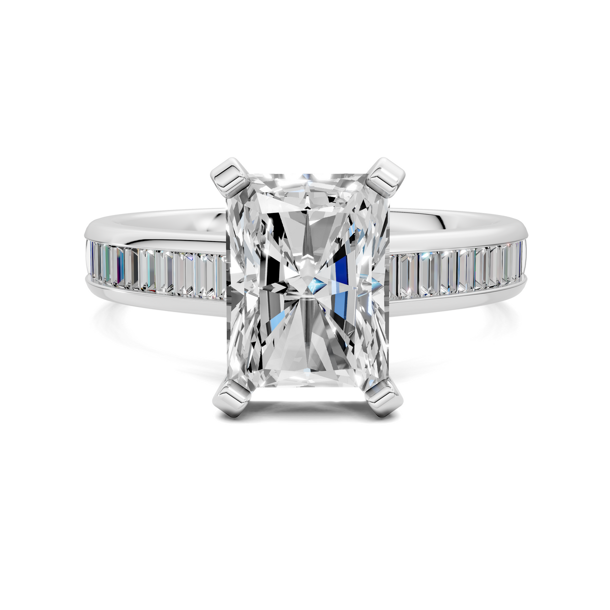 White gold baguette channel ring with large faceted square center stone