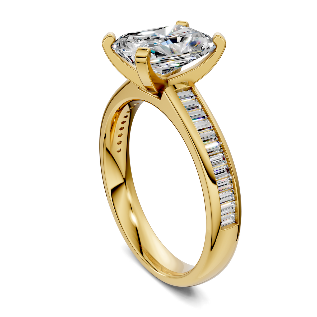 Yellow gold baguette channel ring angled view, side baguette stones and center faceted stone
