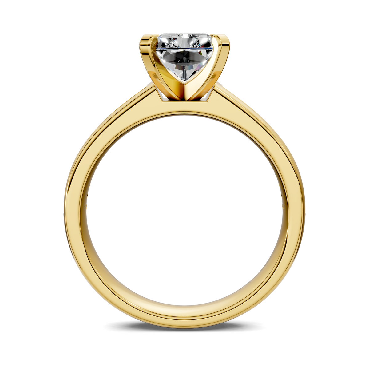 Yellow gold ring with large faceted square center stone and raised halo prongs