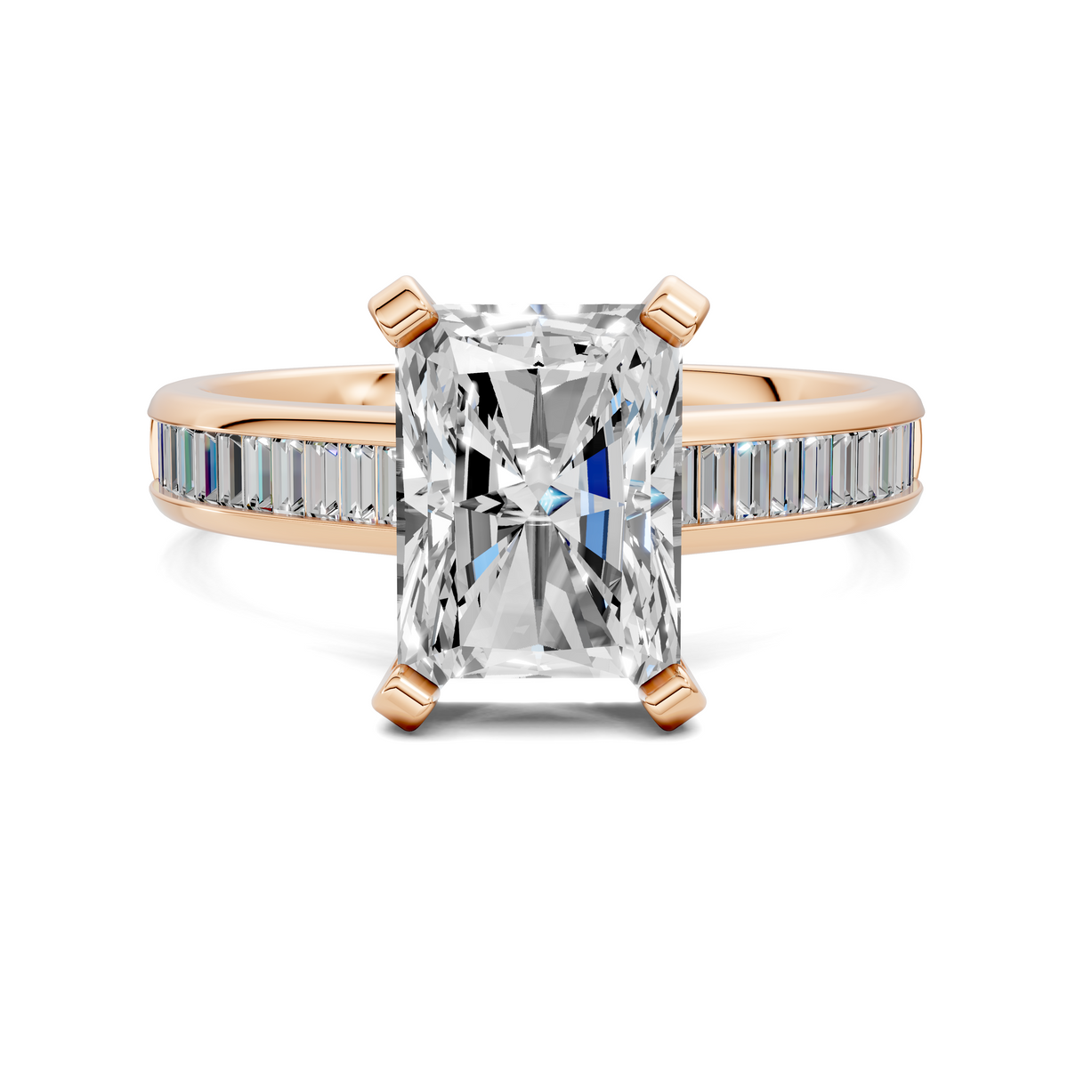 Rose gold baguette channel ring with large faceted square center stone