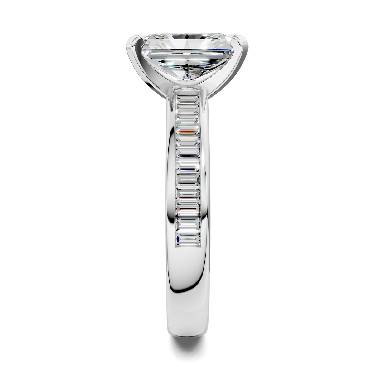 White gold baguette channel ring with faceted square center stone and channel-set stones