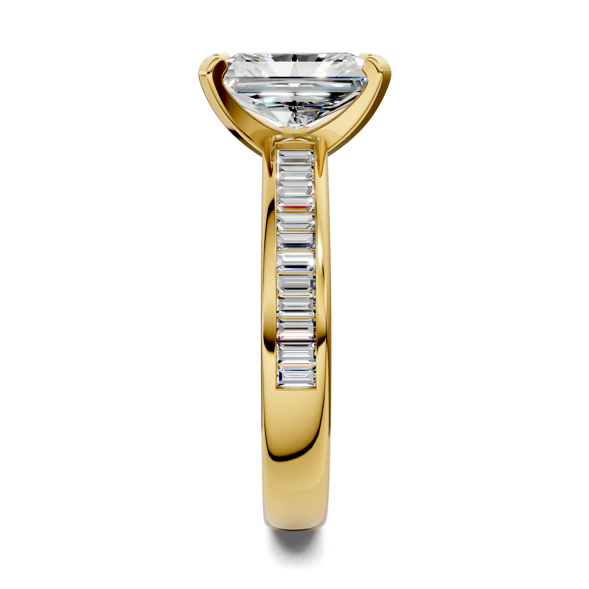 Yellow gold baguette channel ring with faceted square center stone and channel-set band
