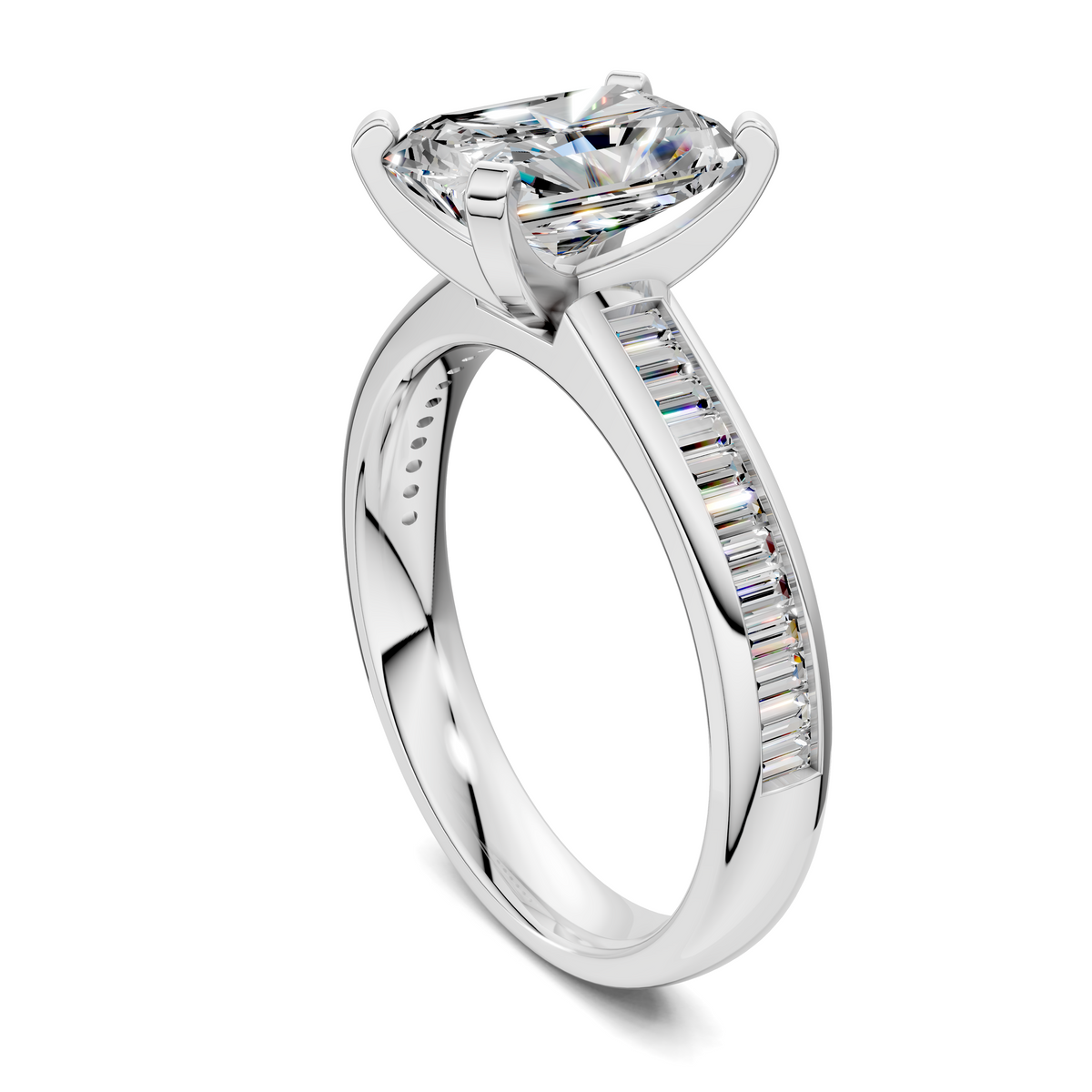 White gold baguette channel ring angled view with side baguette stones and center stone