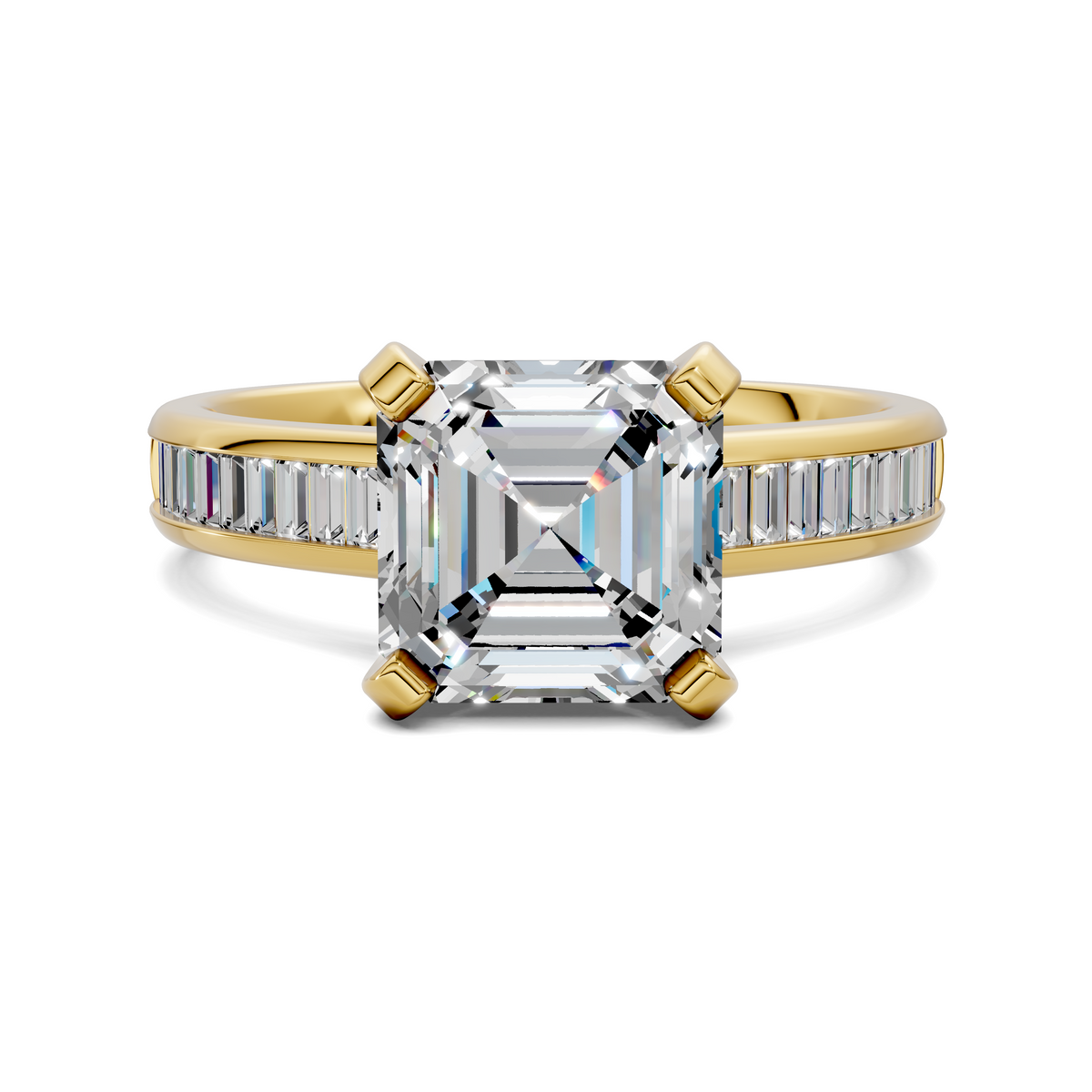 Yellow gold baguette channel ring with emerald-cut center stone and baguette side stones