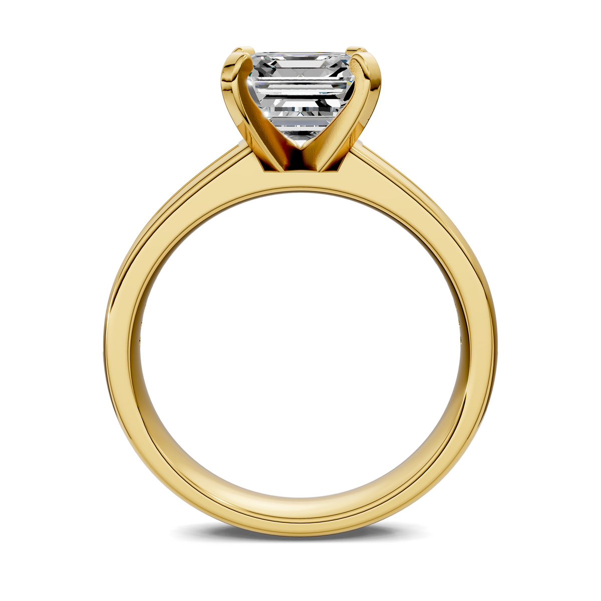 Yellow gold ring with emerald-cut center stone in a four-prong setting