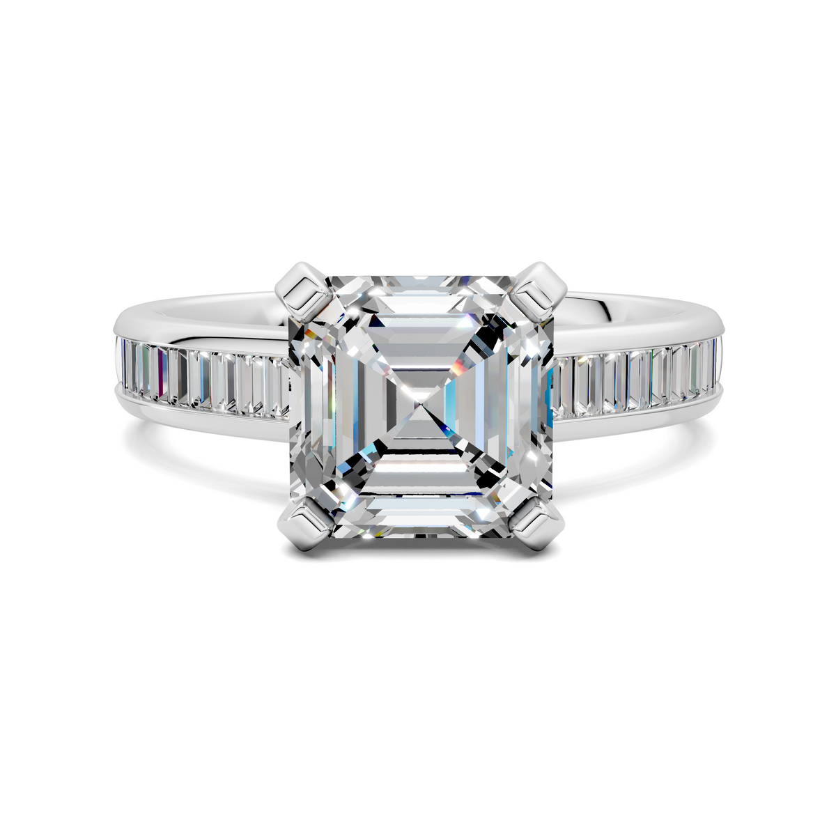 White gold baguette channel ring with emerald-cut center stone and baguette side stones