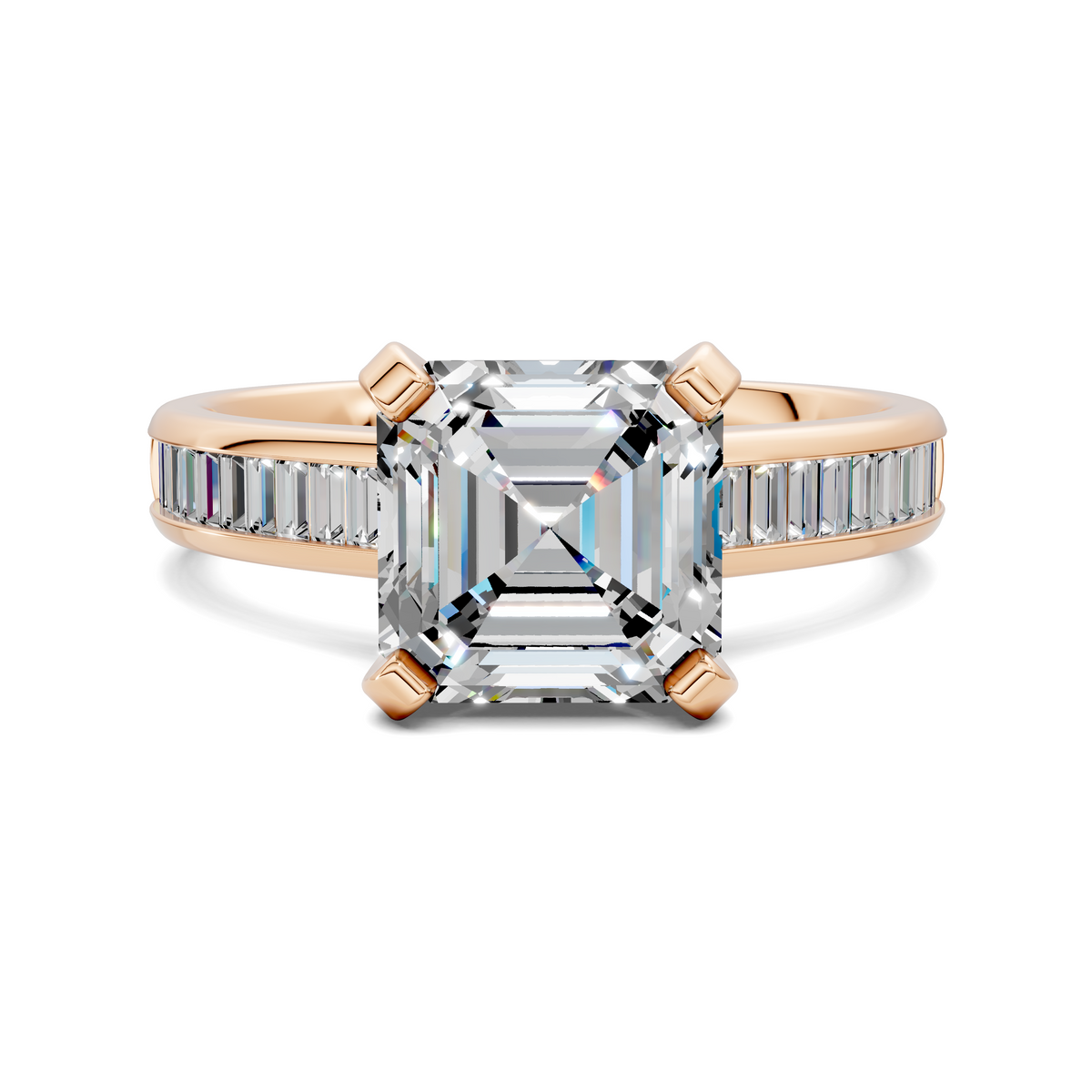 Rose gold baguette channel ring with emerald-cut center stone and baguette side stones