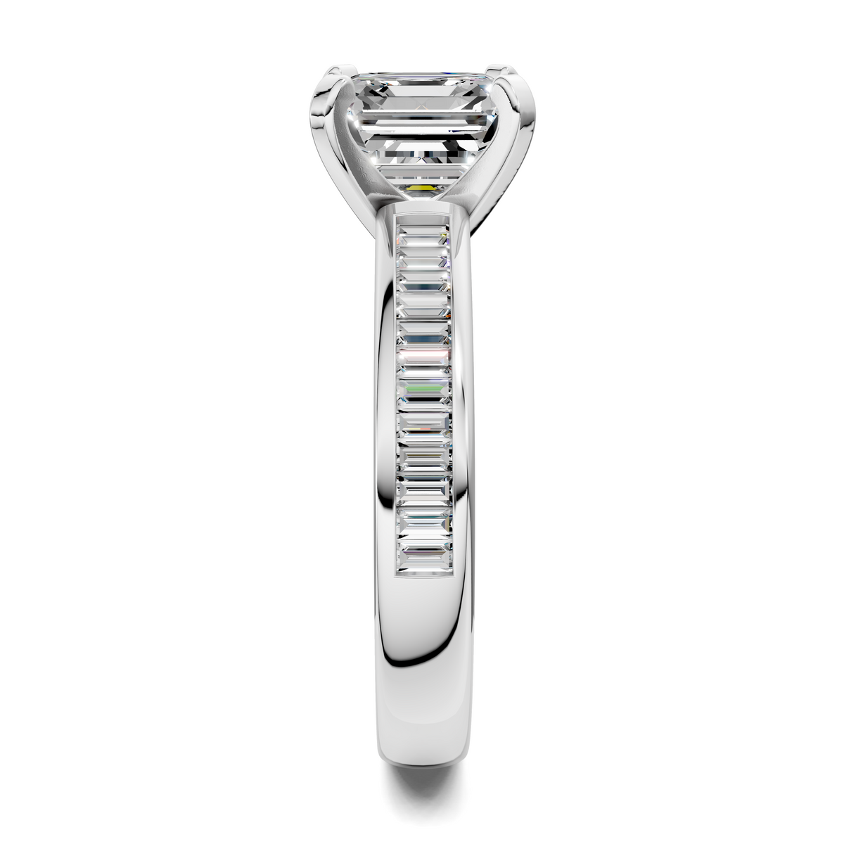 White gold ring with emerald-cut center stone and channel-set baguette band