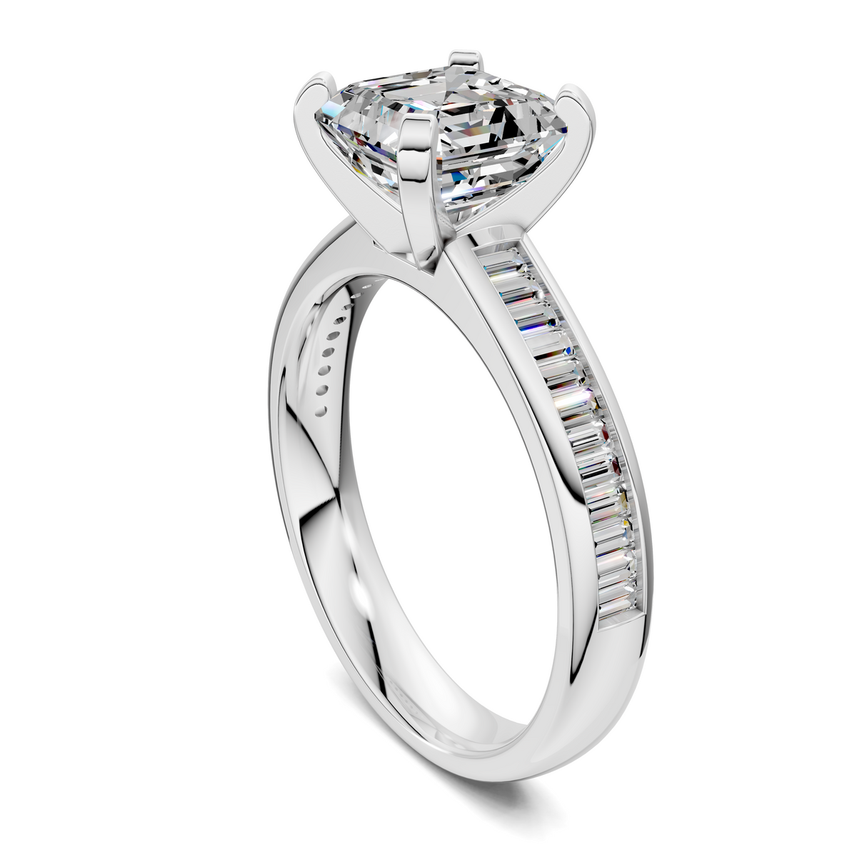 White gold baguette channel ring with emerald-cut center stone and side baguette stones