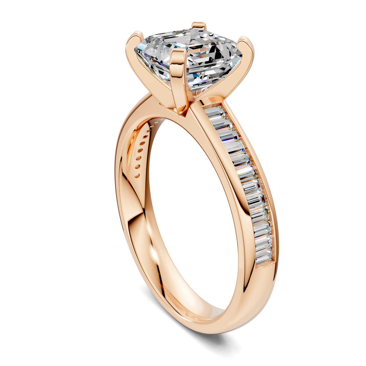 Rose gold baguette channel ring with emerald-cut center stone and channel-set baguette band
