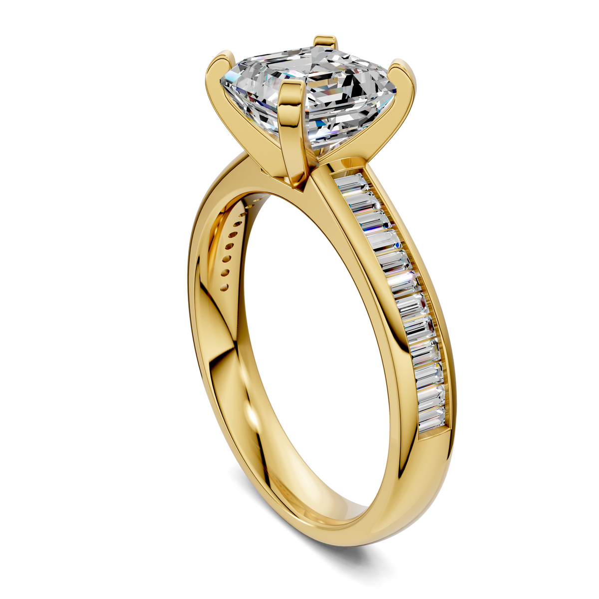 Yellow gold baguette channel ring with emerald-cut center stone and channel-set baguette band