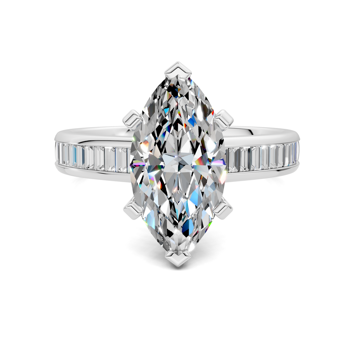 White gold marquise diamond ring with baguette channel sides and prong setting