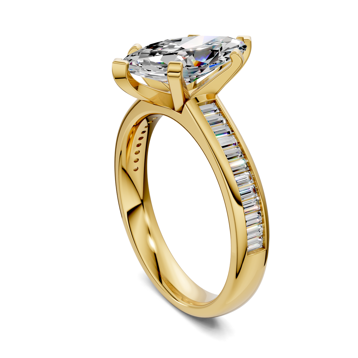 Yellow gold marquise diamond engagement ring with baguette channel side stones