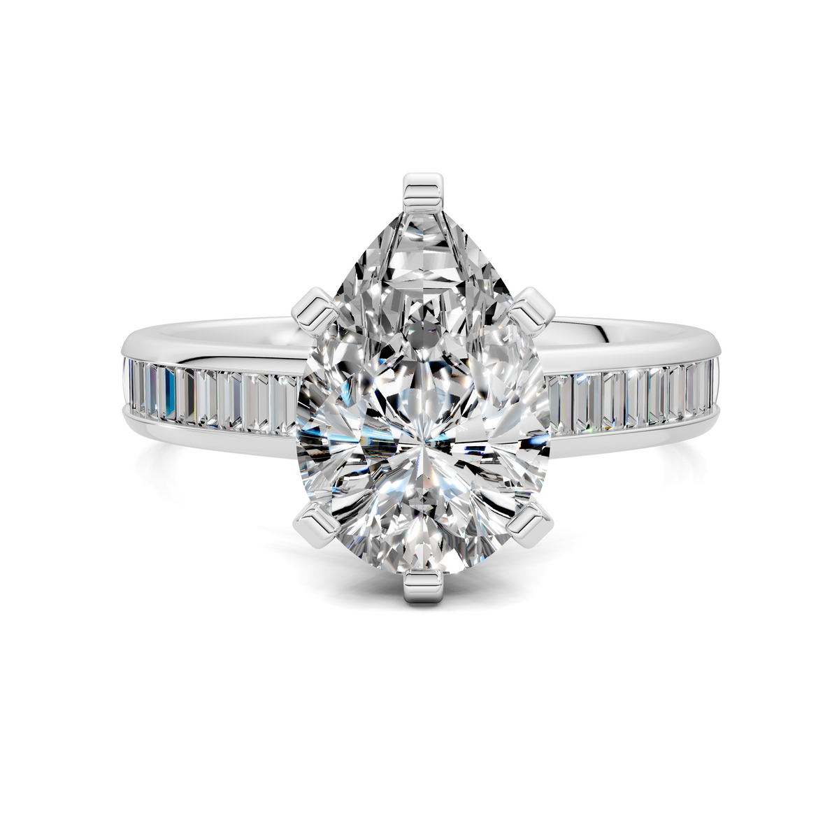 White gold baguette channel ring with round brilliant-cut center diamond