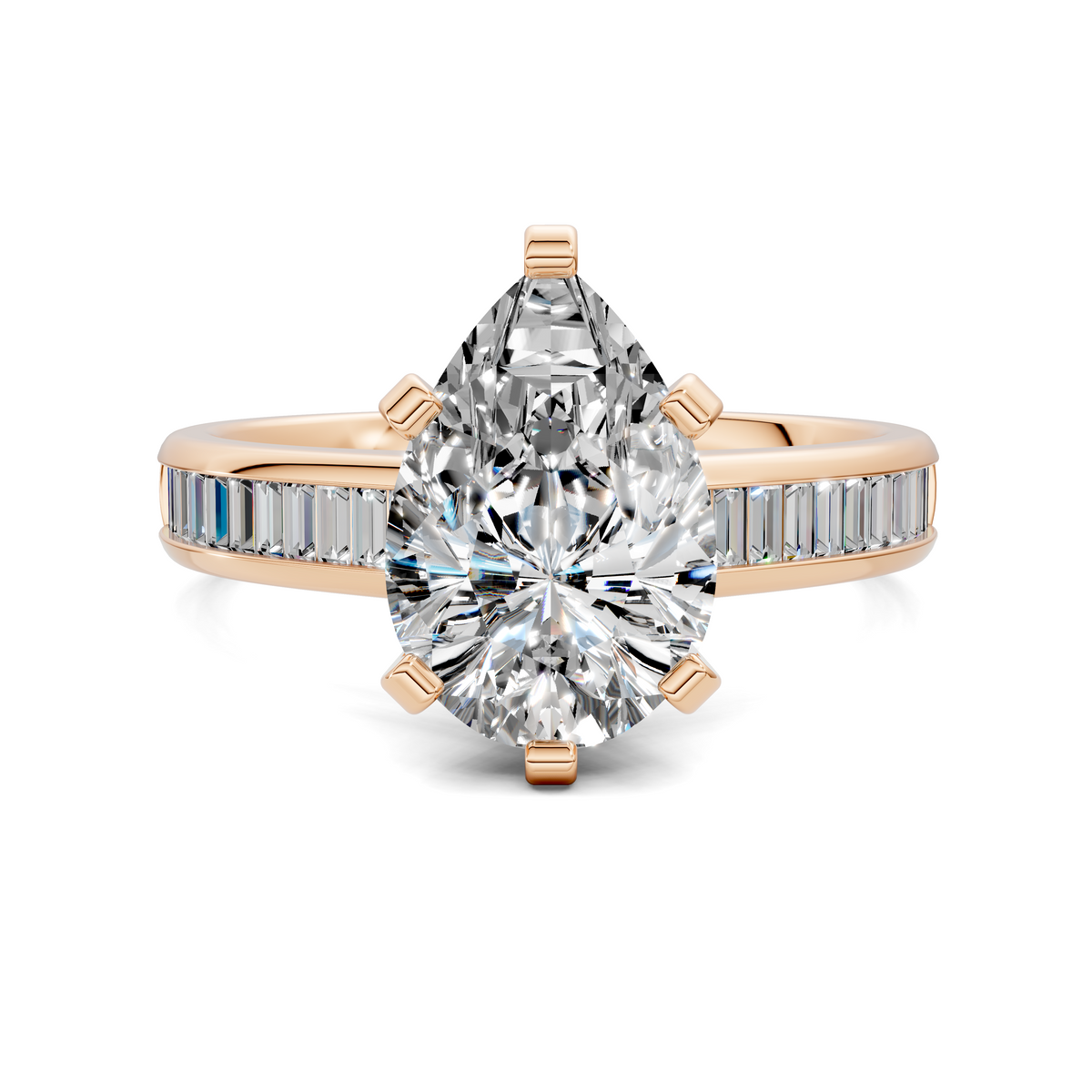Rose gold baguette channel ring with round brilliant-cut center diamond