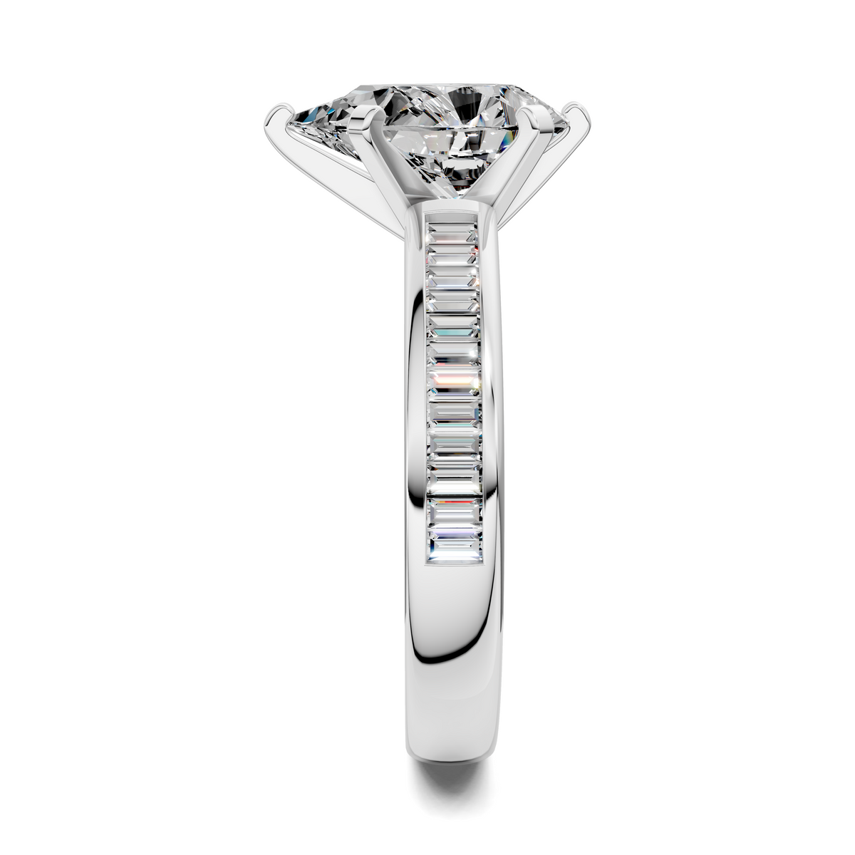 White gold ring side profile with baguette channel stones and round center diamond