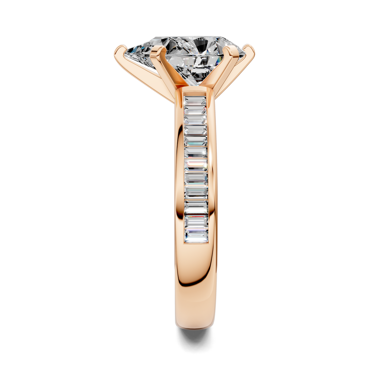Rose gold ring with channel-set baguette stones on the band and a center stone
