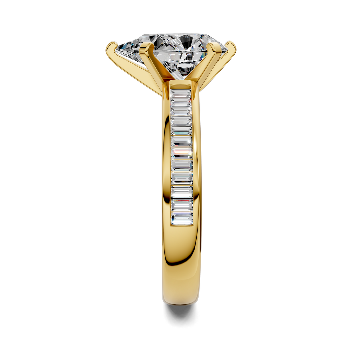 Yellow gold ring front view with baguette channel band and round center diamond