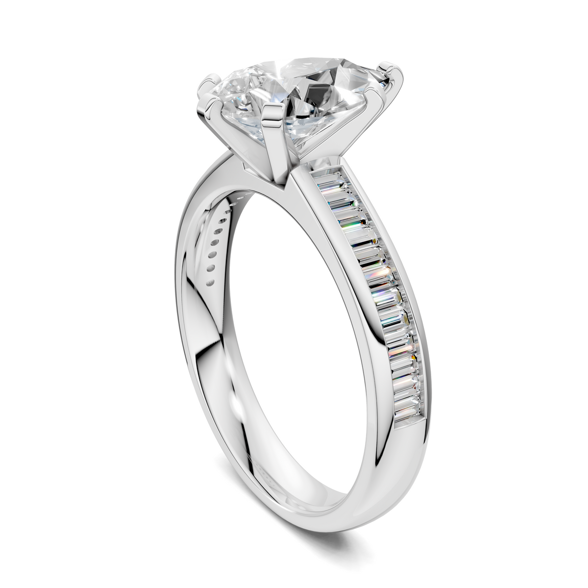 White gold ring with baguette channel sides and round center diamond, angled view