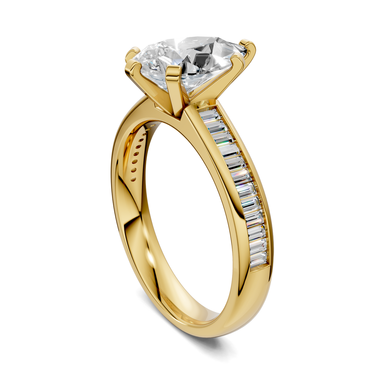 Yellow gold ring with baguette channel band and round center diamond, side angle