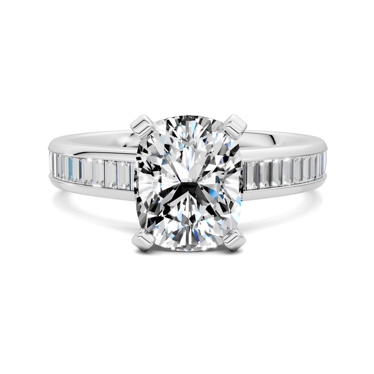 Prong-set diamond engagement ring with baguette channel side stones, white metal