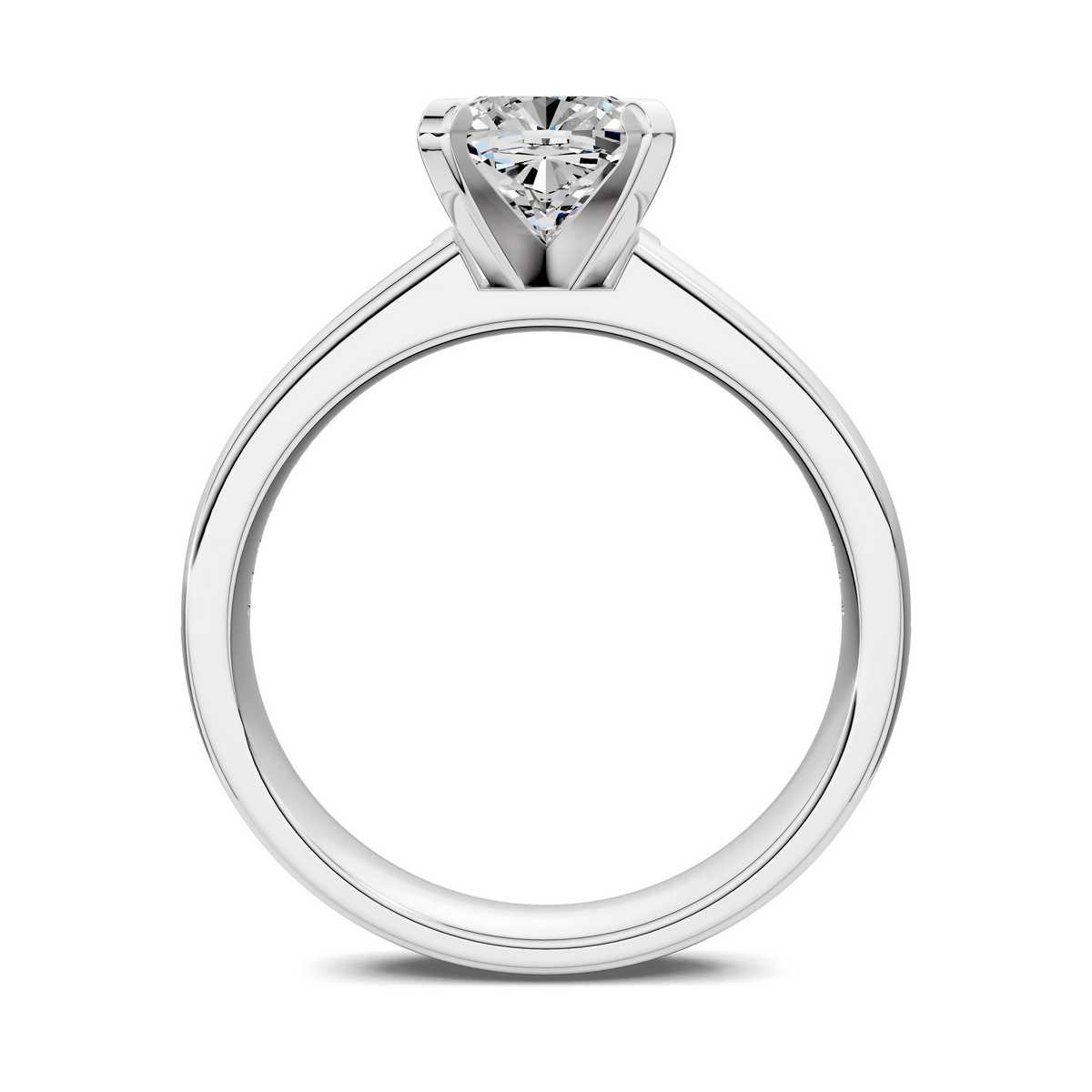 Diamond solitaire ring with baguette channel band, white metal, top view